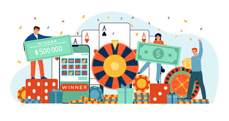 Casino gambling people. Business or entertainment. Profitable industry. Lottery winner. Player characters with winning money. Gamblers play poker and roulette. Fortune wheel. Vector conceptのイラスト素材