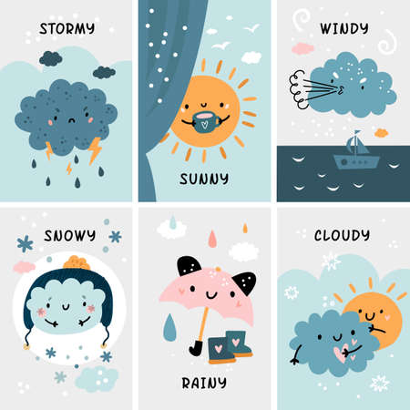 Cute baby weather cards. Childish educational posters with different seasons, phenomenon themes. Stormy and sunny, rainy and snowy, windy and cloudy vector cartoon flat isolated setのイラスト素材