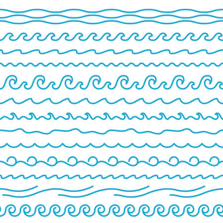 Seamless wavy lines borders. Smooth curves shapes, soft and twisted and spiral elements, water surface symbols, blue squiggles, ocean abstract symbols. Minimal aqua ornament vector setのイラスト素材