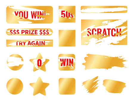 Golden scratch card. Lottery tickets protective layers, different shapes surfaces for erasing, gambling card, instant win coupon, promotional stickers, gold glossy metal, vector isolated setのイラスト素材