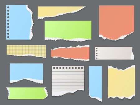 Color ripped paper strips. Realistic torn pieces of notepad pages, different layering of empty blank sheets, ragged shreds, uneven edges. Memo notes fragments vector isolated setのイラスト素材