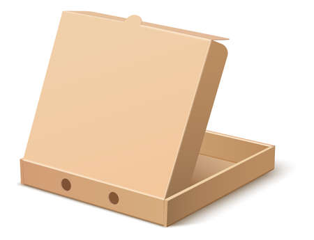 Open pizza box. Brown carton package. Blank realistic mockupのイラスト素材