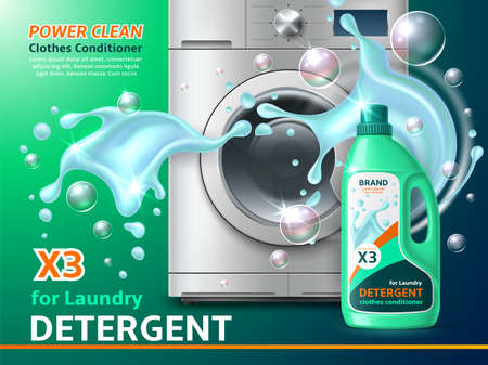Laundry service. Realistic steel washing machine with detergent, water splashes and flying soap bubbles. Professional cleaning and caring of clothes advertising banner, vector conceptのイラスト素材