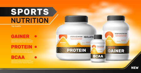 Realistic sports supplements. Plastic containers with whey protein powder. Gainer and amino acid, 3d isolated package different sizes, advertising poster with copy space, vector bannerのイラスト素材