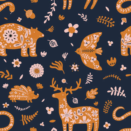 Mystic animals seamless pattern. Magic fauna characters, cute boho style forest fauna silhouettes with flowers and leaves ornaments. Decor textile, wrapping paper wallpaper, vector printのイラスト素材
