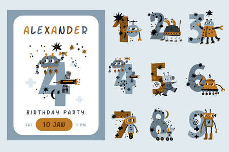 Kids anniversary numbers. Birthday party decor, cute robots, boys theme design cards, toys with big numerals, funny childish invitations and greeting, vector cartoon flat isolated setのイラスト素材