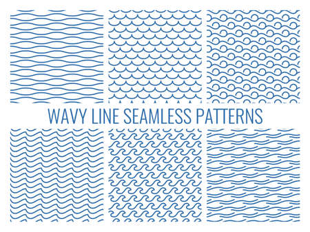 Wavy line seamless patterns. Nautical simple designs elements, smooth curves blue waves with different types bends and twists. Decor ocean textile, wrapping paper wallpaper, vector printのイラスト素材