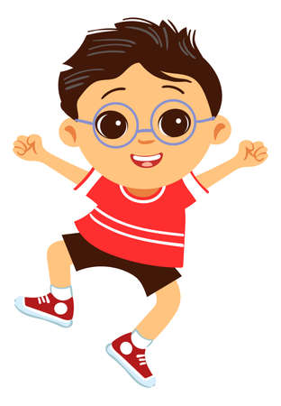 Happy boy jumping. Smart kid in glasses excited. Cute cartoon characterのイラスト素材