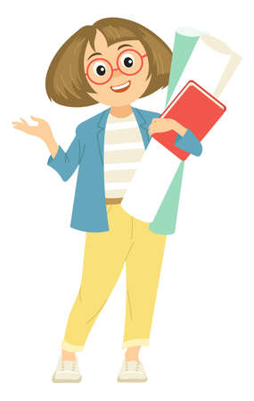 Young woman with books and papers. Cartoon smart personのイラスト素材