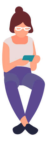 Woman in glasses looking on smartphone screen. Sitting person holding phoneのイラスト素材