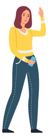 Young woman greeting with waving hand. Smiling girl walkingのイラスト素材