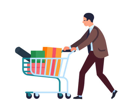 Man walking with full shopping cart. Person buy many purchasesのイラスト素材