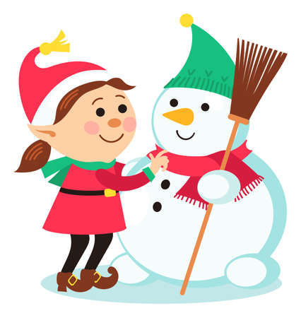 Christmas elf girl making snowman. Cute cartoon charactersのイラスト素材