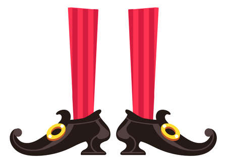 Cartoon witch legs in black shoes. Funny fairytale character feetのイラスト素材