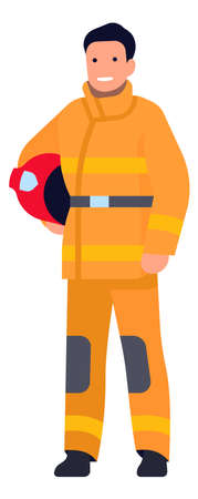 Man in firefighter uniform holding yellow helmet. Fireman iconのイラスト素材