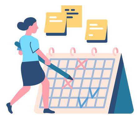 Woman checking completed tasks in calendar with big pencilのイラスト素材
