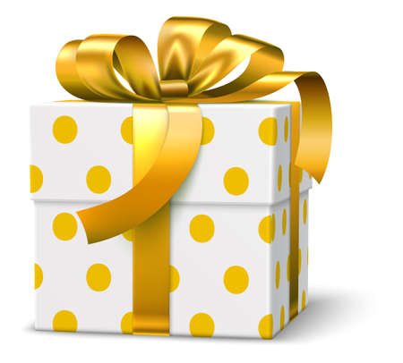 Realistic gift box. Wrapping paper with golden dot pattern bow tiedのイラスト素材