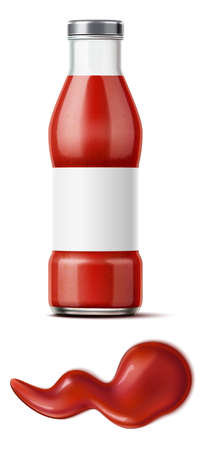 Red sauce in glass bottle mockup with spill. Blank realistic templateのイラスト素材
