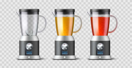 Realistic blender. Detox drinks maker, 3d isolated smoothies appliance, ground fruit, natural juices, kitchen electric mixers with orange and red liquid, vector isolated setのイラスト素材