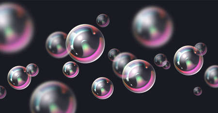 Soap bubbles background. Rainbow colors realistic transparent flying spheres, foamy iridescent 3d balls isolated on black backdrop, laundry cleanliness composition, vector horizontal conceptのイラスト素材