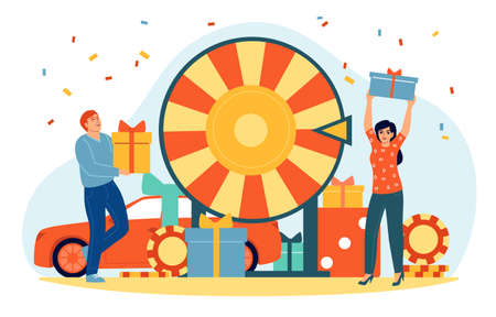 People spinning fortune wheel. Tiny man and woman, gambling concept, happy casino or lottery winners, bingo prize, lucky players characters, vector cartoon flat isolated illustrationのイラスト素材