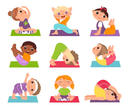 Children yoga. Funny boys and girl in different poses, sportive kids, training and stretching, healthy lifestyle, harmony healthy lifestyle, vector cartoon flat style isolated setのイラスト素材