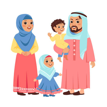 Muslim family portrait. Arabic people, mother and father with funny children in traditional national clothes, daughter and son. Islamic ethnic culture, vector cartoon flat isolated setのイラスト素材
