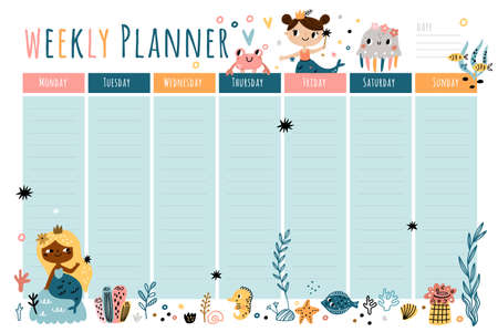 Cute mermaids weekly planner. Sweet girly notebook template, kids fantastic underwater, ocean cartoon childish design, girls stationery, marine poster vector cartoon flat isolated conceptのイラスト素材