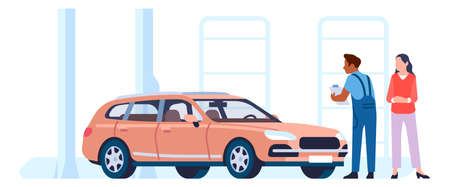 Service worker looking at car. Man running diagnosticのイラスト素材