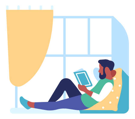 Man siting on floor with book. Home reading conceptのイラスト素材