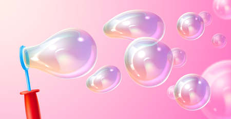 Blowing soap bubbles. Realistic childish play. Flying isolated transparency balls. Blow ring and shampoo iridescent rainbow light 3D spheres. Baby game with foamy liquid. Vector conceptのイラスト素材