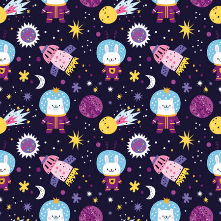 Cute space animals seamless pattern. Spaceship and funny astronauts in outer cosmos. Cartoon characters with planets, comets and stars. Rabbits or bears in spacesuits. Vector kids printのイラスト素材