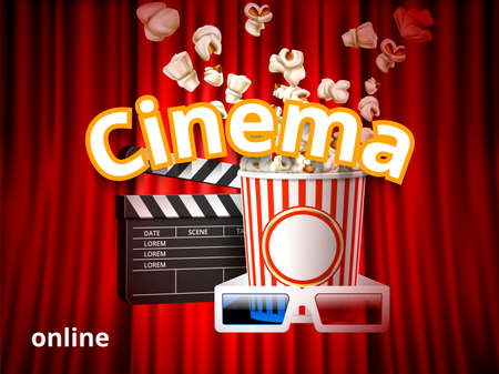 Realistic popcorn. Online movie theater advertising banner. Red curtain background. 3D glasses and clapperboard. Cinema snacks. Food bucket and salty corns. Vector film premiere posterのイラスト素材