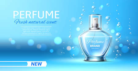 Realistic perfume. Fresh fragrance bottle. Cologne glass vial. Toilet water advertising banner. Cosmetics packaging. Natural scent. Liquid aroma. Vector beauty product 3D ad design conceptのイラスト素材