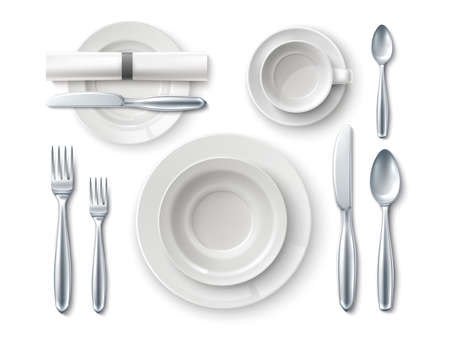 Realistic table setting. Top view restaurant serving. Etiquette rules. Different types of plates. Silverware arrangement order. Metal spoons, knives and forks. Vector 3D utensil setのイラスト素材