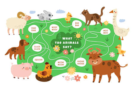 Educational kids animals game. Different farm mammals sound search pathway. Cartoon design of nursery puzzle. Baby playful learning. Livestock and sayings matching. Vector challenge conceptのイラスト素材