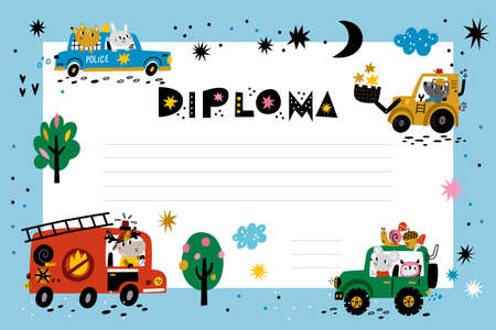 Animals kids diploma. Graduation kindergarten certificate. Drivers in different cars. Nursery award page. Forest fauna characters drive vehicles. Blank achievement paper. Vector conceptのイラスト素材