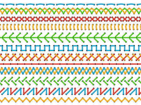 Embroidery stitches. Color decorative seams, seamless borders, ethnical sewing rows, lines pattern, needlework and ornaments, textile and fabric decoration vector isolated setのイラスト素材