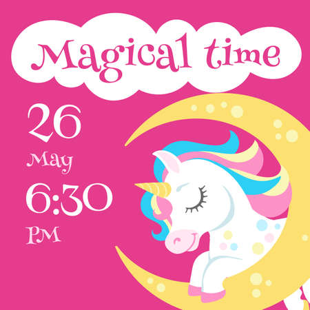 Invitation card with unicorn. Cute magic animal on banner templateのイラスト素材