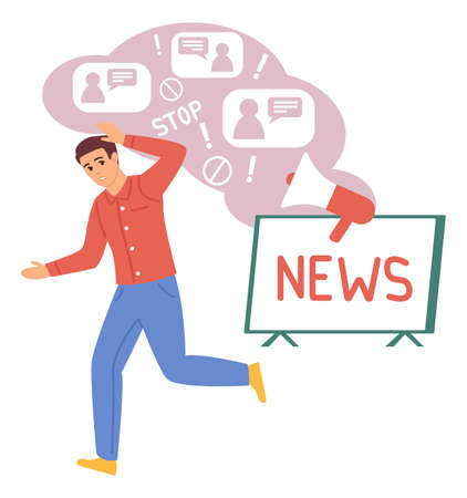 Man running from news stream. Information pressure conceptのイラスト素材