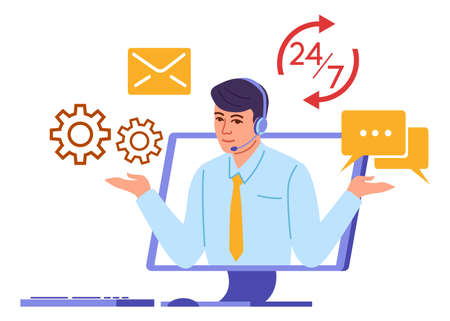 Man in headset on screen processing messages and mail. Call center conceptのイラスト素材