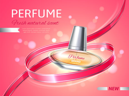 Realistic perfume banner. Transparent glass bottle with color toilet water, 3d fragrance packaging design, curled pink ribbon, glamour promotional template, vector advertisement posterのイラスト素材