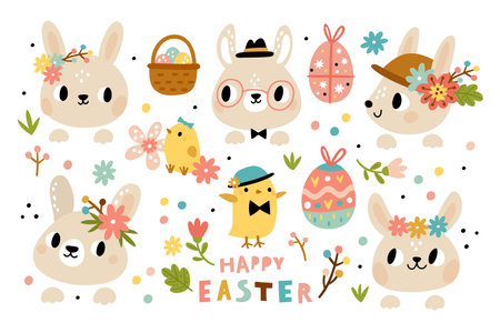 Cute rabbits heads. Funny bunny muzzles with flowers tiaras and headbands, baby animals and little birds, easter spring holiday. Chickens and colored eggs. Vector cartoon isolated setのイラスト素材