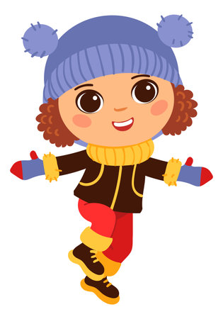 Girl in warm clothes bounce. Happy kid playing outside in cold weatherのイラスト素材