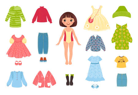 Girl clothes. Little funny character with garments. Paper doll for children play. Fashionable constructor. Seasonal jackets and coats. Dresses and shoes. Vector kid and clothing setのイラスト素材