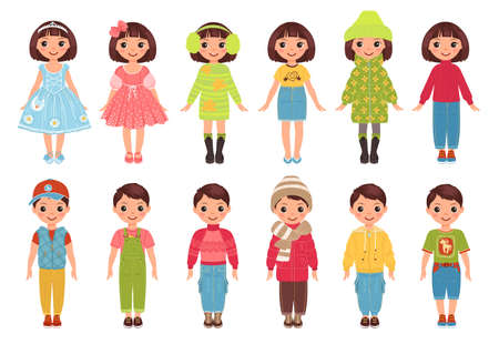 Kids different wearing. Stylish happy girls and boys characters. Childish outfits. Teenage models. Fashionistas in summer or winter trendy clothes. Vector children fashion apparels setのイラスト素材