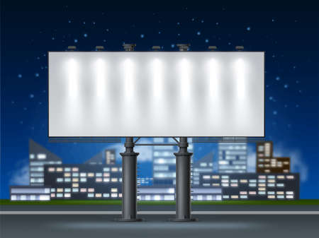 Night city billboard. Realistic blank illuminated advertising board. Roadside street banner. Horizontal lighted screen. Urban landscape with empty advertisement stand. Vector conceptのイラスト素材