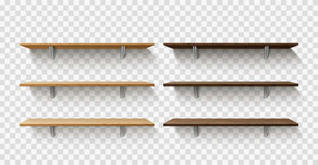 Realistic wooden store shelves. Dark and light timber library racking. 3D hanging wall exhibition stands for product presentation. Empty interior furniture. Vector blank bookshelves setのイラスト素材