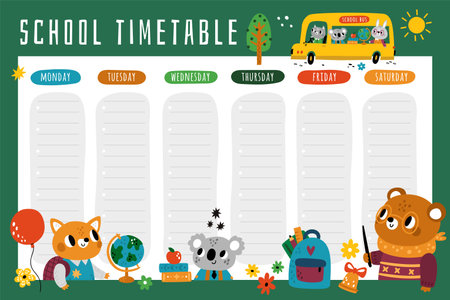 School animals timetable. Educational week planner. Students characters. Koala with books. Primary school document. Studying bear and fox. Graduation certificate and diploma. Vector conceptのイラスト素材