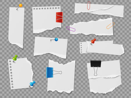 Pinned note paper. Realistic stationery elements. 3D pages with ragged edges attached with buttons and clips. Sheets scraps on transparent noticeboard. Vector reminder notepapers setのイラスト素材